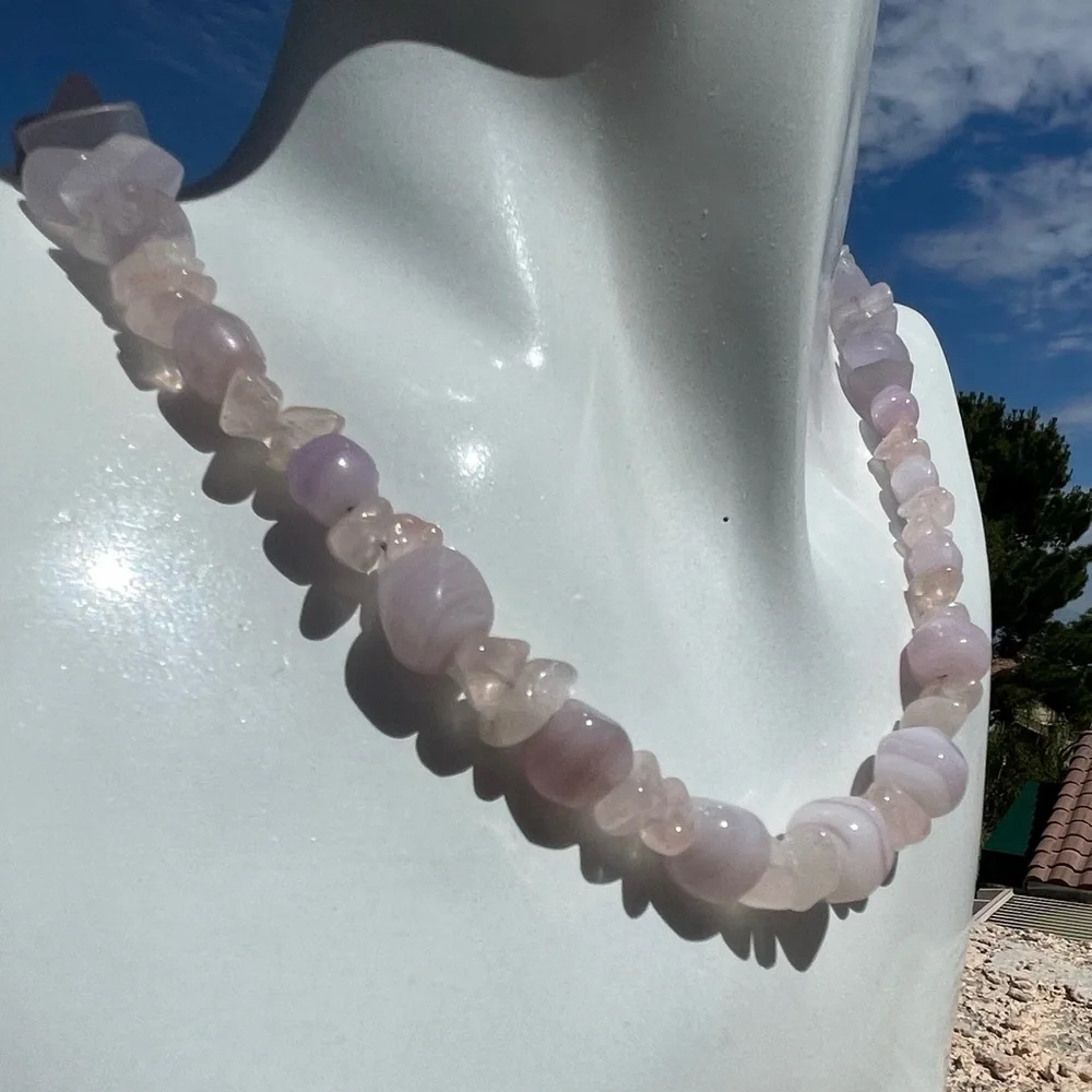 Rose Quartz & Glass Bead Necklace with Sterling Clasp